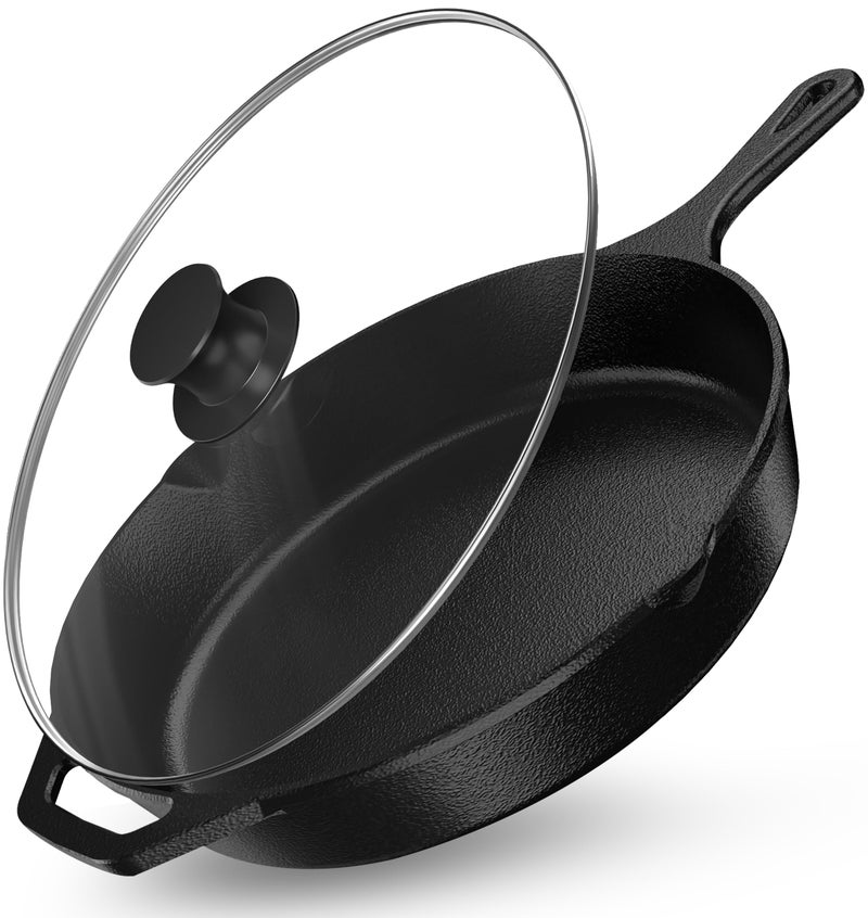 Utopia Kitchen Saute Frying Pan 12 Inch, Cast Iron Chefs Pan, Pre Seasoned Cast iron Skillet With Lid, Safe Grill Cookware for Indoor & Outdoor Use, Black - Image 1